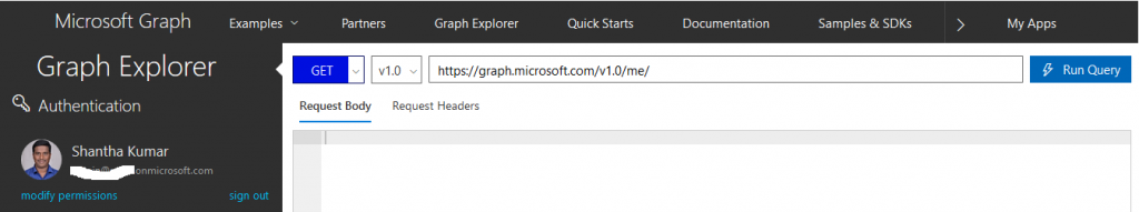 Microsoft Graph Explorer with sign in User